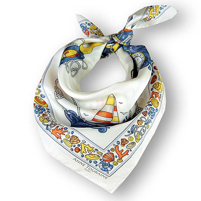White silk twill scarf made in France. Size 27x27". Hand rolled hem. Nautical theme. Scarf by ANNE TOURAINE Paris™ (1)