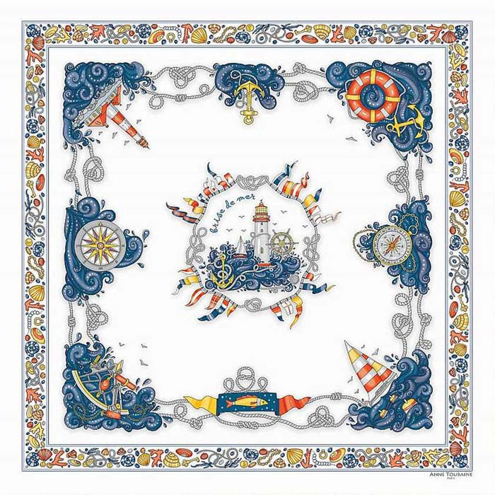 White silk twill scarf made in France. Size 27x27". Hand rolled hem. Nautical theme. Scarf by ANNE TOURAINE Paris™ (2)