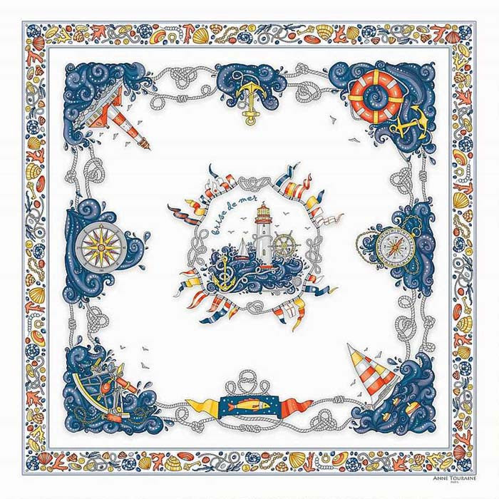 White silk twill scarf made in France. Size 27x27". Hand rolled hem. Nautical theme. Scarf by ANNE TOURAINE Paris™ (1)