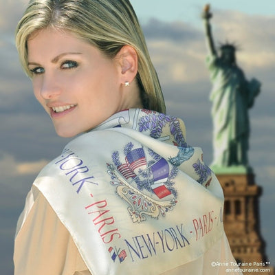 Beige silk twill scarf made in France. Size 36x36". Hand rolled hem. Theme: Paris New York. Scarf by ANNE TOURAINE Paris™ (3)