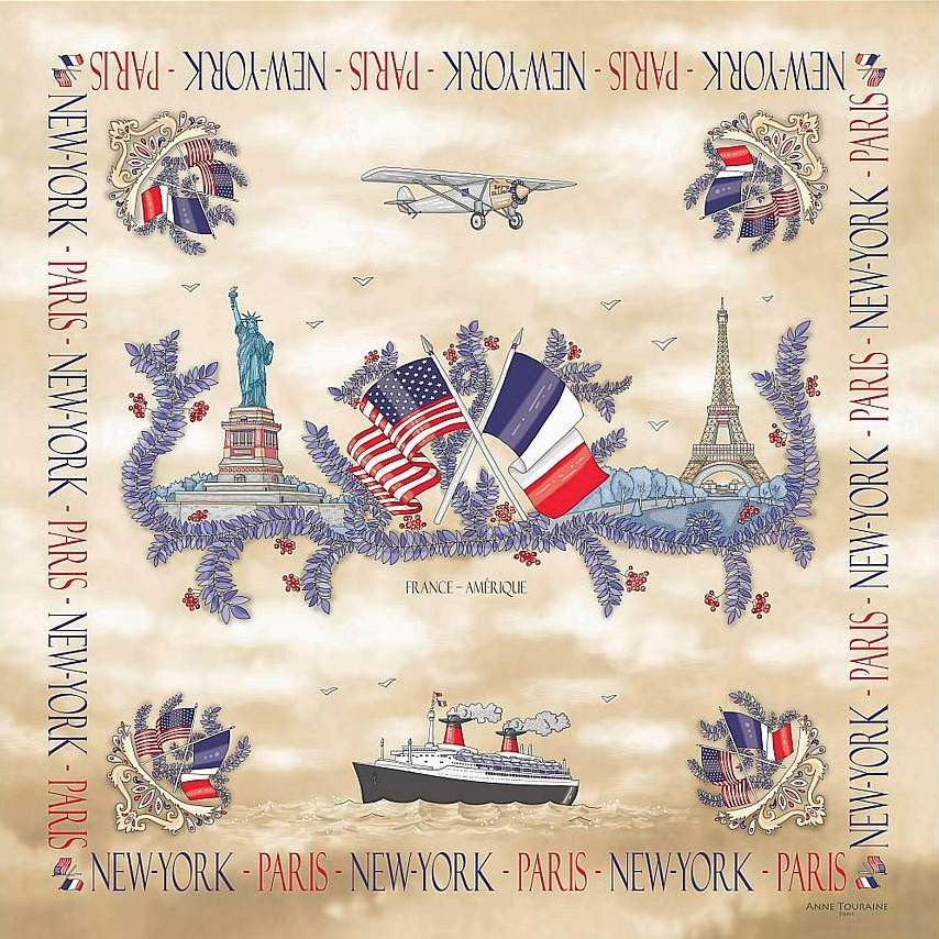 Beige silk twill scarf made in France. Size 36x36". Hand rolled hem. Theme: Paris New York. Scarf by ANNE TOURAINE Paris™ (2)