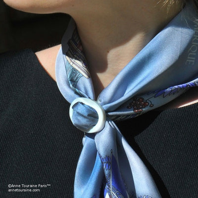 White mother of pearl handcrafted scarf ring. Medium size. A fun, essential, and versatile complementary to your ANNE TOURAINE Paris™ silk scarves. (2)
