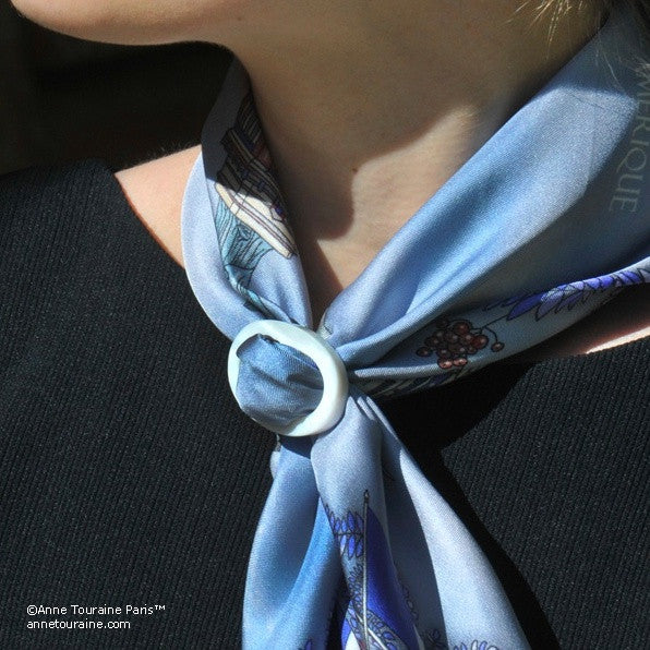 White mother of pearl handcrafted scarf ring. Medium size. A fun, essential, and versatile complementary to your ANNE TOURAINE Paris™ silk scarves. (1)