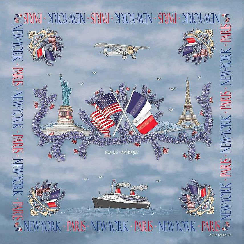 Blue silk twill scarf made in France. Size 27x27". Hand rolled hem. Theme: Paris New York. Scarf by ANNE TOURAINE Paris™ (2)