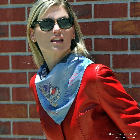 Blue silk twill scarf made in France. Size 27x27". Hand rolled hem. Theme: Paris New York. Scarf by ANNE TOURAINE Paris™ (3)