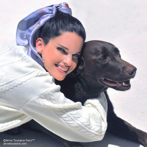 Blue silk twill scarf made in France. Size 27x27". Hand rolled hem. Theme: Paris New York. Scarf by ANNE TOURAINE Paris™ (4)