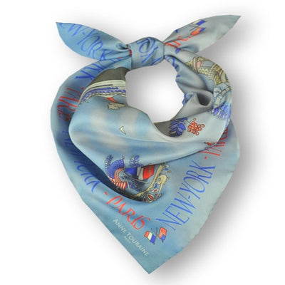 Blue silk twill scarf made in France. Size 27x27". Hand rolled hem. Theme: Paris New York. Scarf by ANNE TOURAINE Paris™ (1)