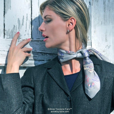 Grey silk twill scarf made in France. Size 27x27". Hand rolled hem. Theme: Paris New York. Scarf by ANNE TOURAINE Paris™ (3)