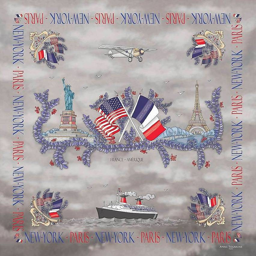 Grey silk twill scarf made in France. Size 27x27". Hand rolled hem. Theme: Paris New York. Scarf by ANNE TOURAINE Paris™ (2)