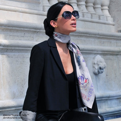 Grey silk twill scarf made in France. Size 27x27". Hand rolled hem. Theme: Paris New York. Scarf by ANNE TOURAINE Paris™ (4)