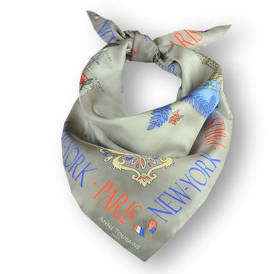 Grey silk twill scarf made in France. Size 27x27". Hand rolled hem. Theme: Paris New York. Scarf by ANNE TOURAINE Paris™ (1)