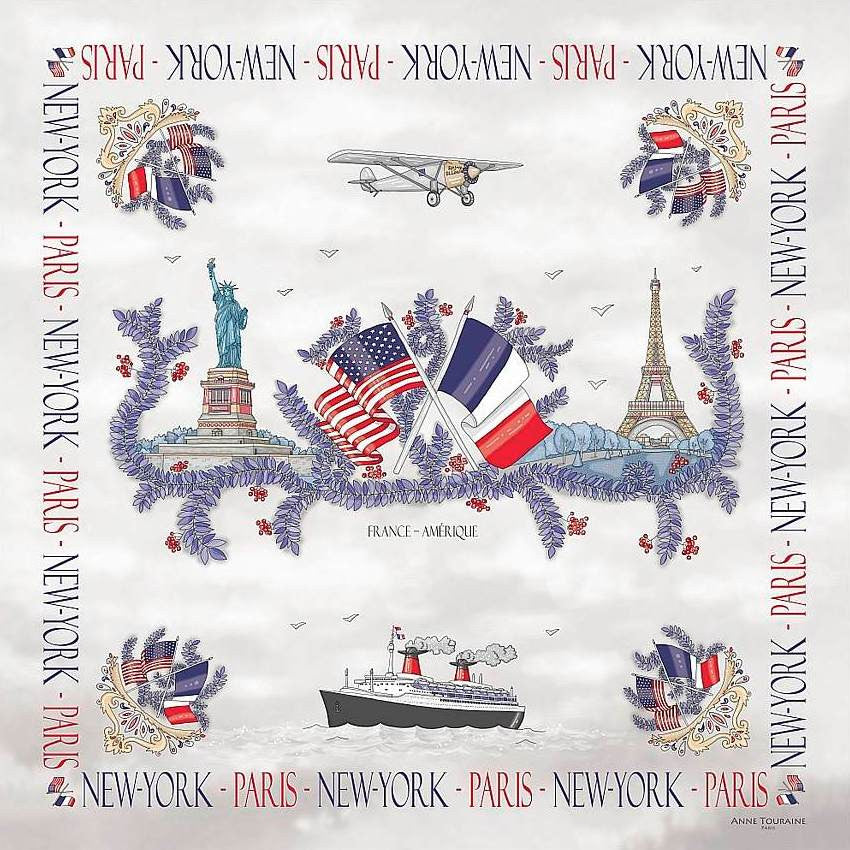 White silk twill scarf made in France. Size 36x36". Hand rolled hem. Theme: Paris New York. Scarf by ANNE TOURAINE Paris™ (2)