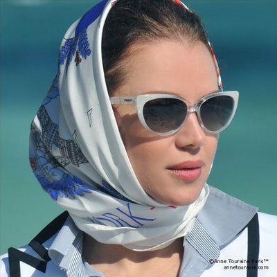 White silk twill scarf made in France. Size 36x36". Hand rolled hem. Theme: Paris New York. Scarf by ANNE TOURAINE Paris™ (4)