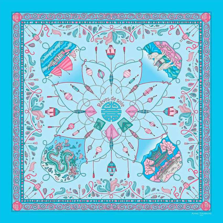 Neon blue silk twill scarf made in France. Size 27x27". Hand rolled hem. Chinese theme. Scarf by ANNE TOURAINE Paris™ (2)