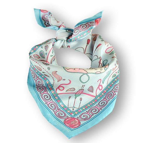 Neon blue silk twill scarf made in France. Size 27x27". Hand rolled hem. Chinese theme. Scarf by ANNE TOURAINE Paris™ (1)