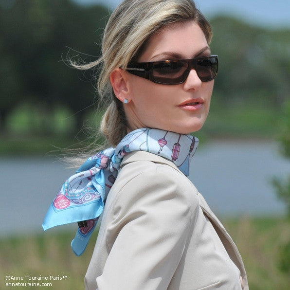 Neon blue silk twill scarf made in France.Size 27x27". Hand rolled hem. Chinese theme. Scarf by ANNE TOURAINE Paris™ (3)