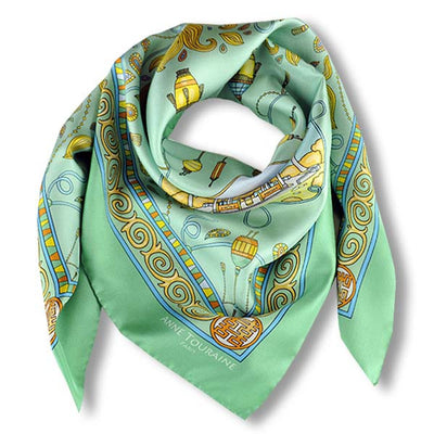 Neon green silk twill scarf made in France.Size 36x36". Hand rolled hem. Chinese theme. Scarf by ANNE TOURAINE Paris™ (1)