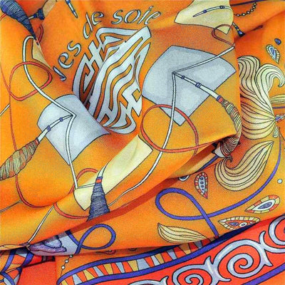 Neon orange silk twill scarf made in France.Size 27x27". Hand rolled hem. Chinese theme. Scarf by ANNE TOURAINE Paris™ (6)