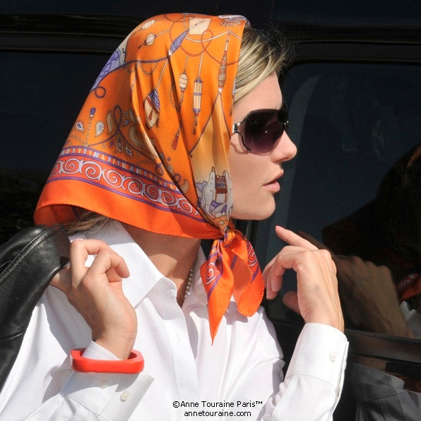 Neon orange silk twill scarf made in France.Size 27x27". Hand rolled hem. Chinese theme. Scarf by ANNE TOURAINE Paris™ (5)