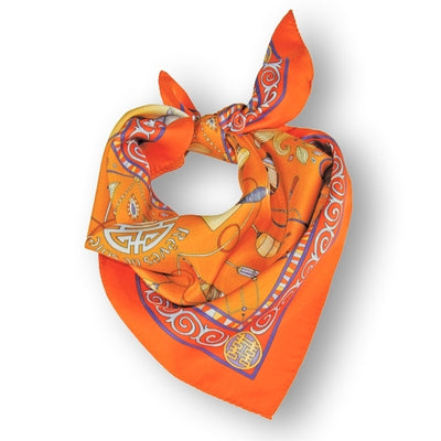 Neon orange silk twill scarf made in France.Size 27x27". Hand rolled hem. Chinese theme. Scarf by ANNE TOURAINE Paris™ (1)
