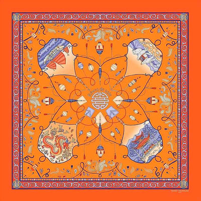 Neon orange silk twill scarf made in France.Size 27x27". Hand rolled hem. Chinese theme. Scarf by ANNE TOURAINE Paris™ (2)
