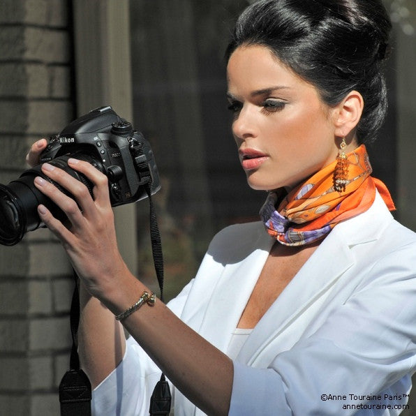 Neon orange silk twill scarf made in France.Size 27x27". Hand rolled hem. Chinese theme. Scarf by ANNE TOURAINE Paris™ (4)