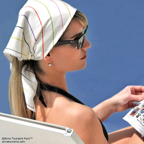 White silk twill scarf with multicolor stripes. Made in France. Size 27x27". Hand rolled hem. Scarf by ANNE TOURAINE Paris™ (4)