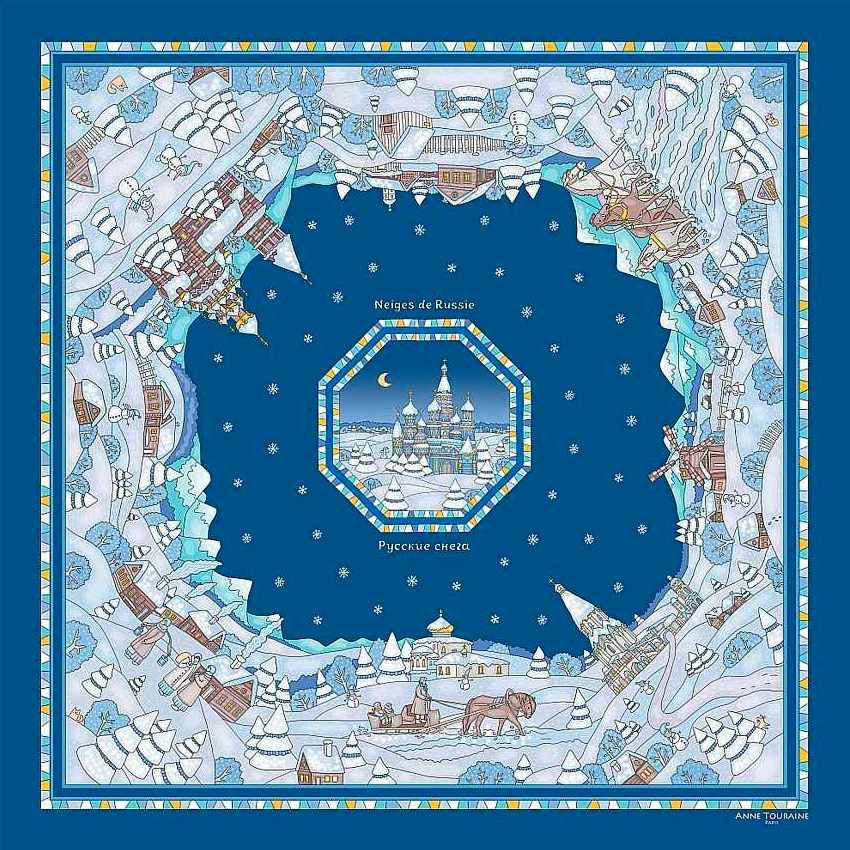 Blue silk twill scarf made in France. Size 36x36". Hand rolled hem. Winter theme inspired by Doctor Zhivago. Scarf by ANNE TOURAINE Paris™ (2)