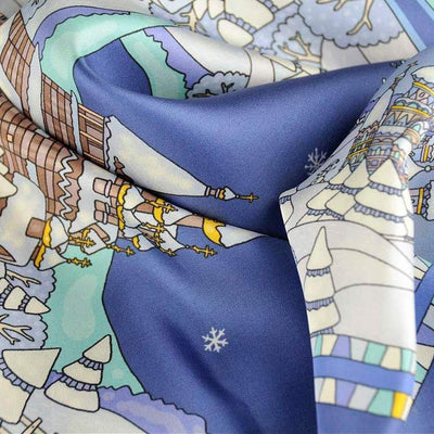 Blue silk twill scarf made in France. Size 36x36". Hand rolled hem. Winter theme inspired by Doctor Zhivago. Scarf by ANNE TOURAINE Paris™ (7)