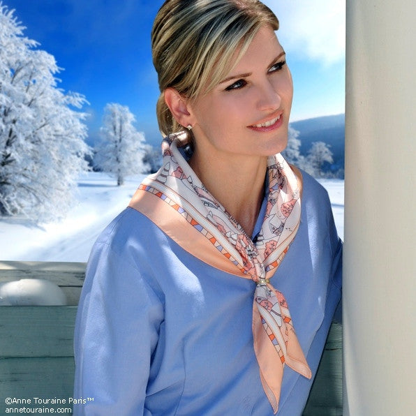 Peach silk twill scarf made in France. Size 27x27". Hand rolled hem. Winter theme inspired by Doctor Zhivago. Scarf by ANNE TOURAINE Paris™ (3)
