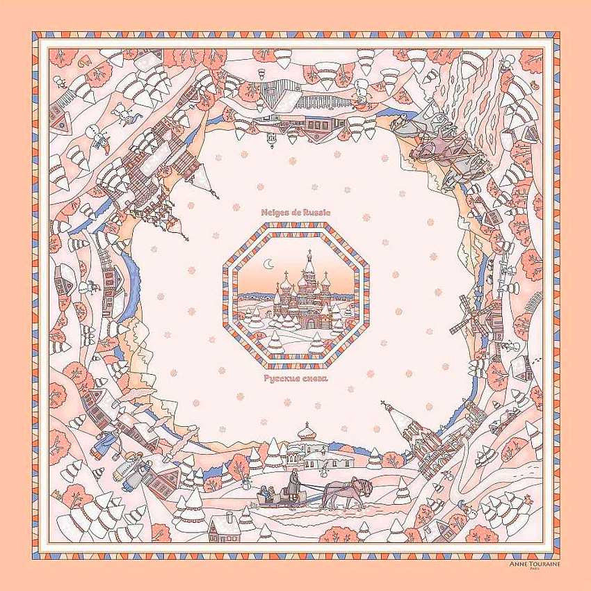 Peach silk twill scarf made in France. Size 27x27". Hand rolled hem. Winter theme inspired by Doctor Zhivago. Scarf by ANNE TOURAINE Paris™ (2)