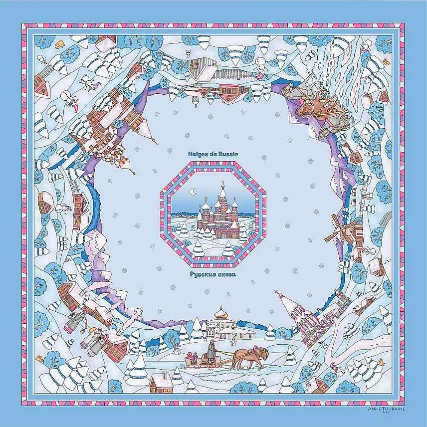 Light blue silk twill scarf made in France. Size 27x27". Hand rolled hem. Winter theme inspired by Doctor Zhivago. Scarf by ANNE TOURAINE Paris™ (2)