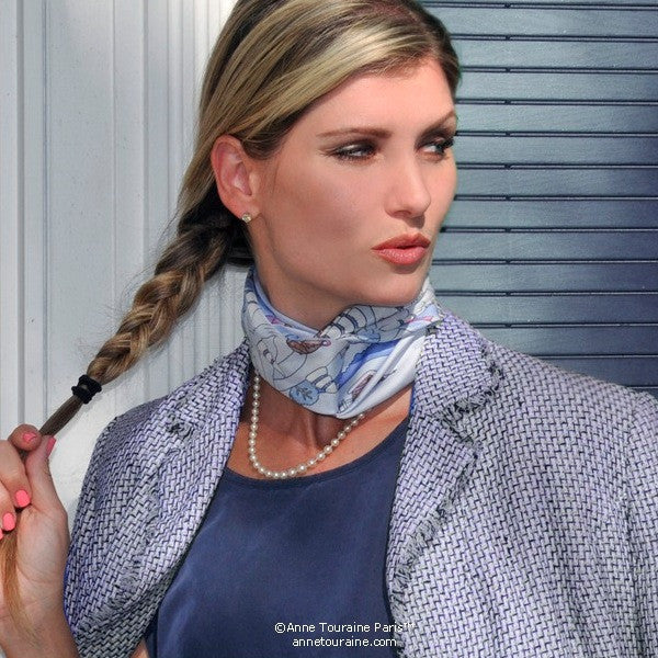 Light blue silk twill scarf made in France. Size 27x27". Hand rolled hem. Winter theme inspired by Doctor Zhivago. Scarf by ANNE TOURAINE Paris™ (3)