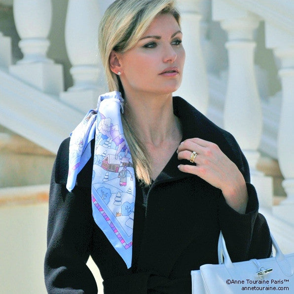 Light blue silk twill scarf made in France. Size 27x27". Hand rolled hem. Winter theme inspired by Doctor Zhivago. Scarf by ANNE TOURAINE Paris™ (5)