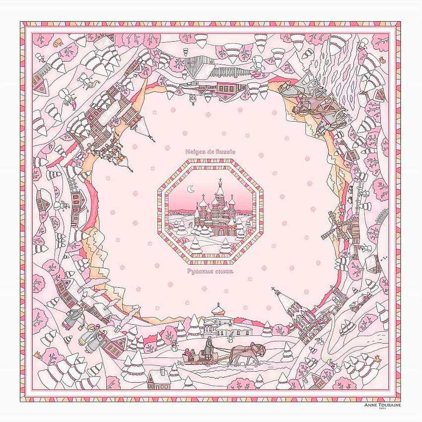 Pink silk twill scarf made in France. Size 36x36". Hand rolled hem. Winter theme inspired by Doctor Zhivago. Scarf by ANNE TOURAINE Paris™ (2)