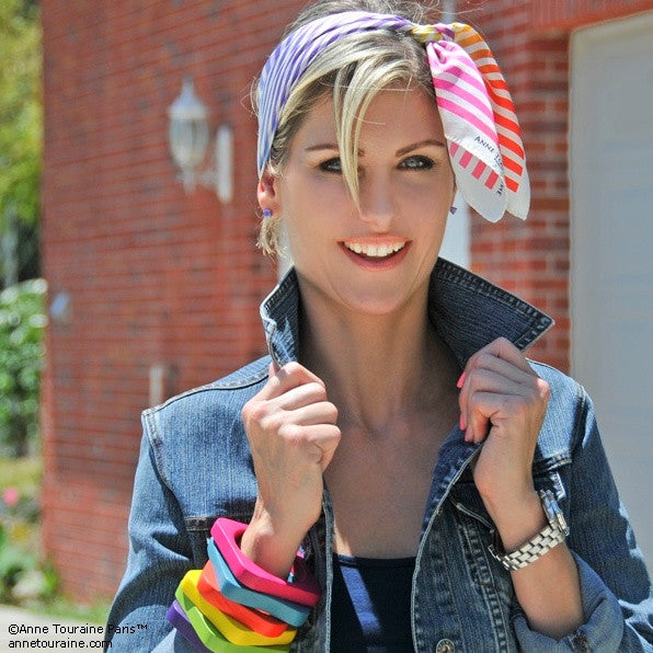 Multicolor and versatile silk twill scarf with stripes. Made in France. Size 27x27". Hand rolled hem. Scarf by ANNE TOURAINE Paris™ (5)