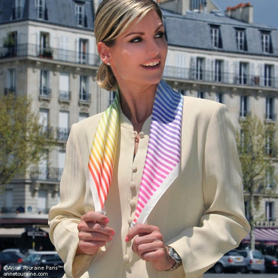 Multicolor and versatile silk twill scarf with stripes. Made in France. Size 27x27". Hand rolled hem. Scarf by ANNE TOURAINE Paris™ (4)