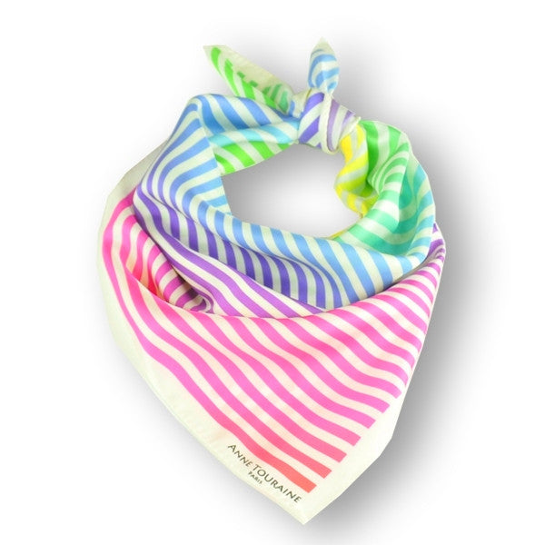 Multicolor and versatile silk twill scarf with stripes. Made in France. Size 27x27". Hand rolled hem. Scarf by ANNE TOURAINE Paris™ (1)