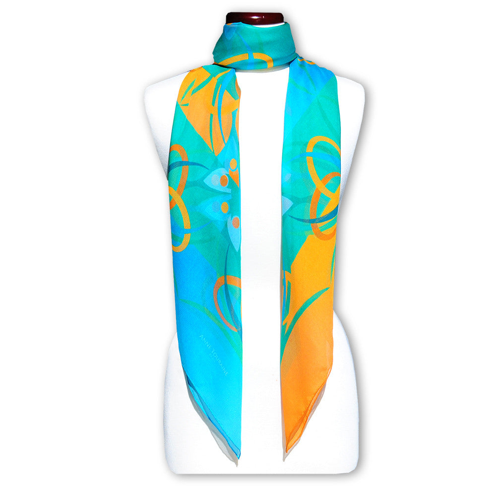 Extra large and lightweight chiffon silk scarf, teal and orange, by ANNE TOURAINE Paris™
