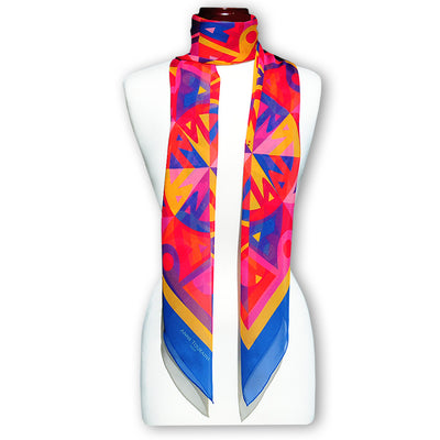Extra large and lightweight chiffon silk scarf, cobalt blue, raspberry and yellow, by ANNE TOURAINE Paris™