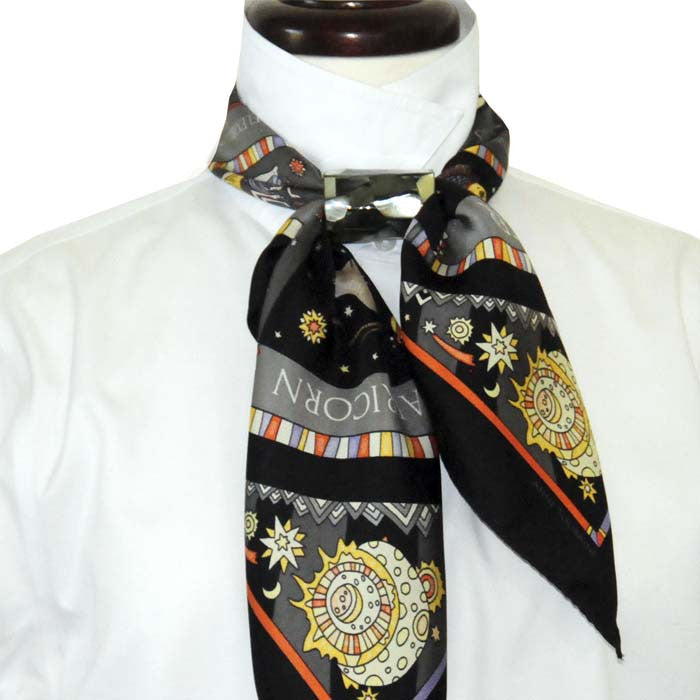 Black mother of pearl scarf pendant, tube shape, with the ASTRO - zodiac inspired - silk scarf, black: two unique creations by ANNE TOURAINE Paris™