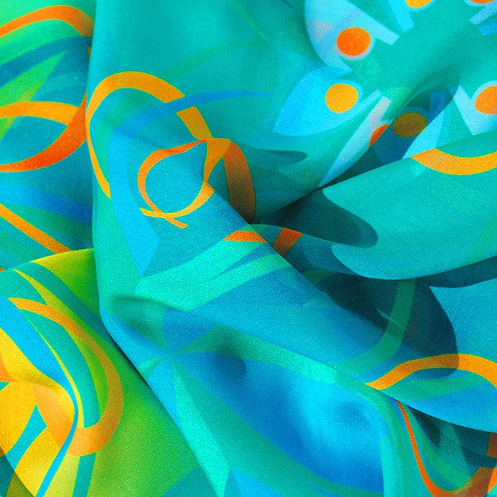 Extra large and lightweight chiffon silk scarf, teal and orange, by ANNE TOURAINE Paris™