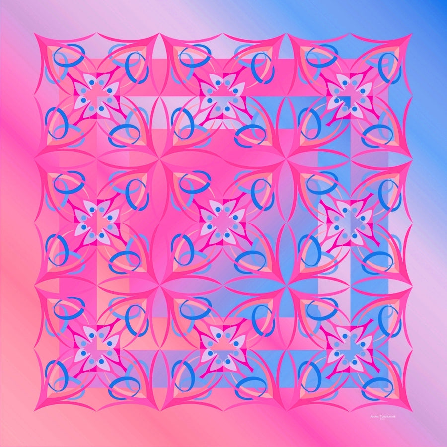 Extra large and lightweight chiffon silk scarf, pink and turquoise, by ANNE TOURAINE Paris™