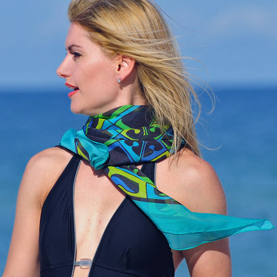 Extra large and lightweight chiffon silk scarf, teal and black, by ANNE TOURAINE Paris™