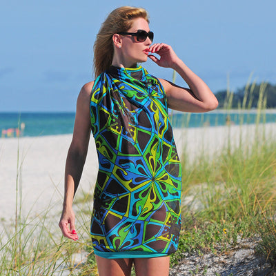 Extra large and lightweight chiffon silk scarf, teal and black, by ANNE TOURAINE Paris™