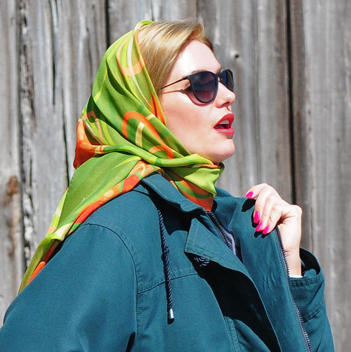 Extra large and lightweight chiffon silk scarf, olive green and brown, by ANNE TOURAINE Paris™