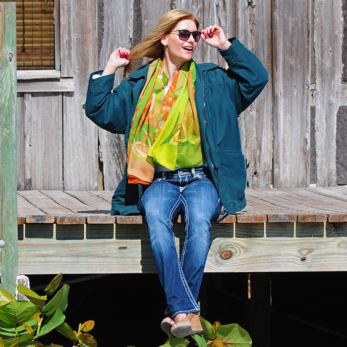 Extra large and lightweight chiffon silk scarf, olive green and brown, by ANNE TOURAINE Paris™