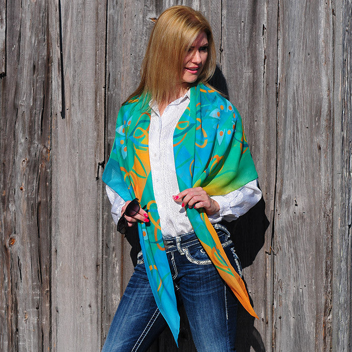 Extra large and lightweight chiffon silk scarf, teal and orange, by ANNE TOURAINE Paris™