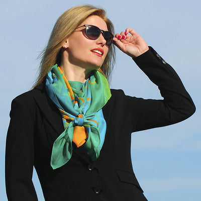 Extra large and lightweight chiffon silk scarf, teal and orange, by ANNE TOURAINE Paris™