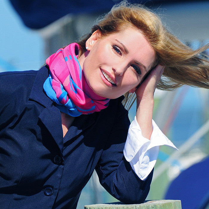 Extra large and lightweight chiffon silk scarf, pink and turquoise, by ANNE TOURAINE Paris™